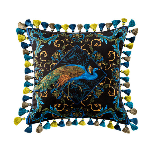 Garden Peacock Medium Tassel Velvet Cushion