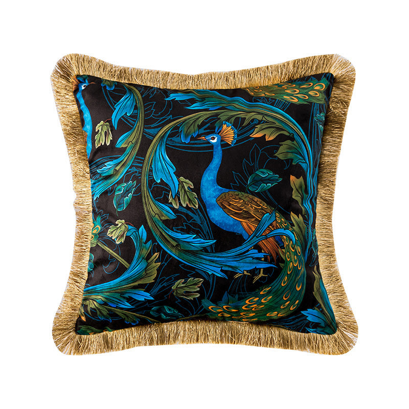 Garden Peacock Medium Fringe Velvet Cushion