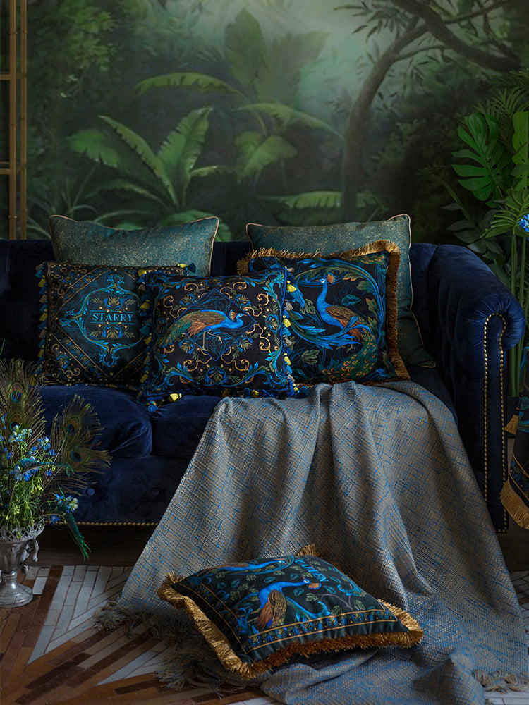 Garden Peacock Medium Fringe Velvet Cushion